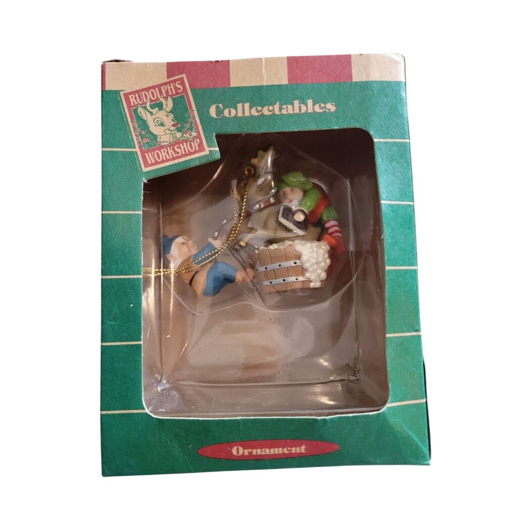 Vintage Ornament Rudolph's Workshop Montgomery Ward Elves Washing A Reindeer